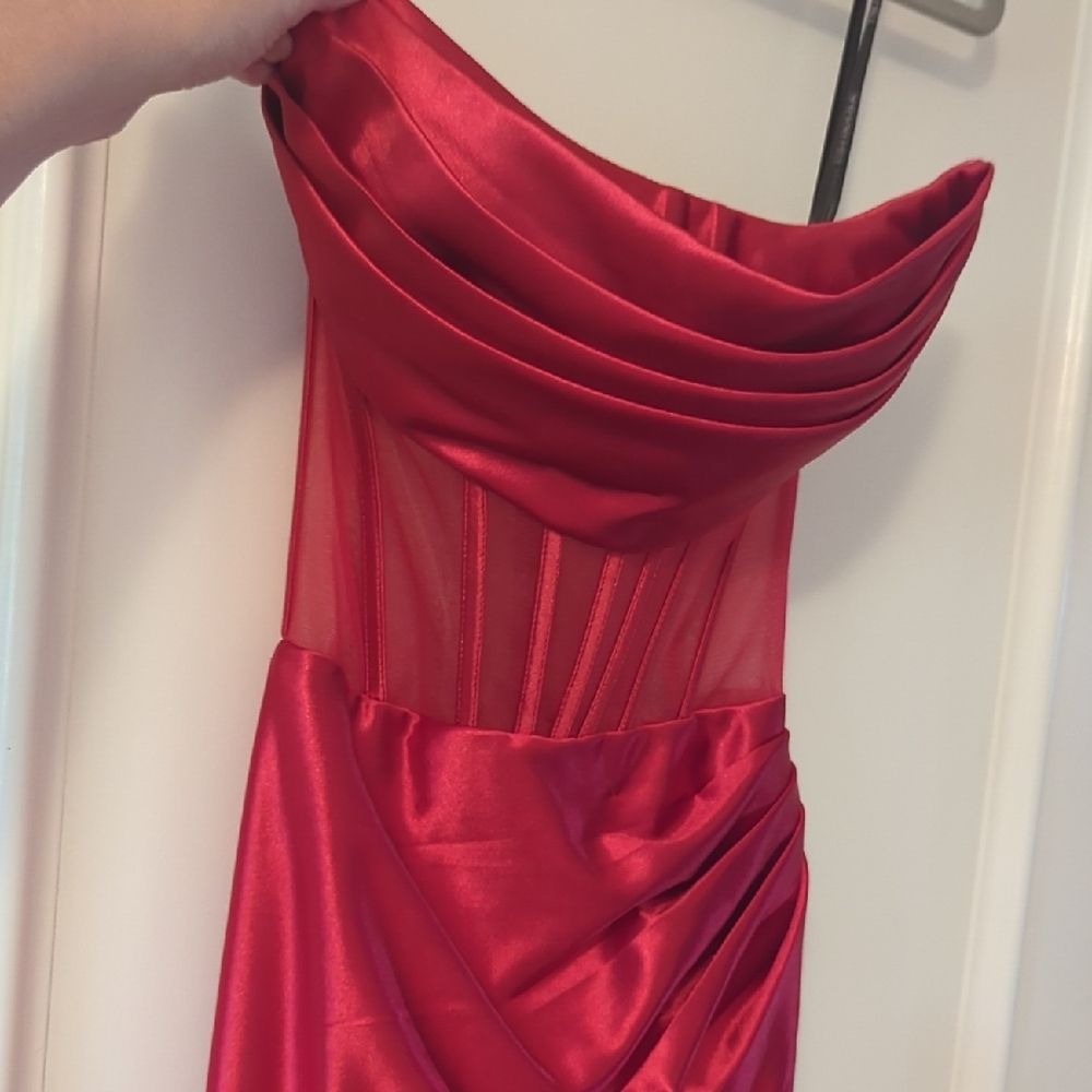 Red Satin Gown with Rose Accents - Sherri Hill - Picture 7 of 11